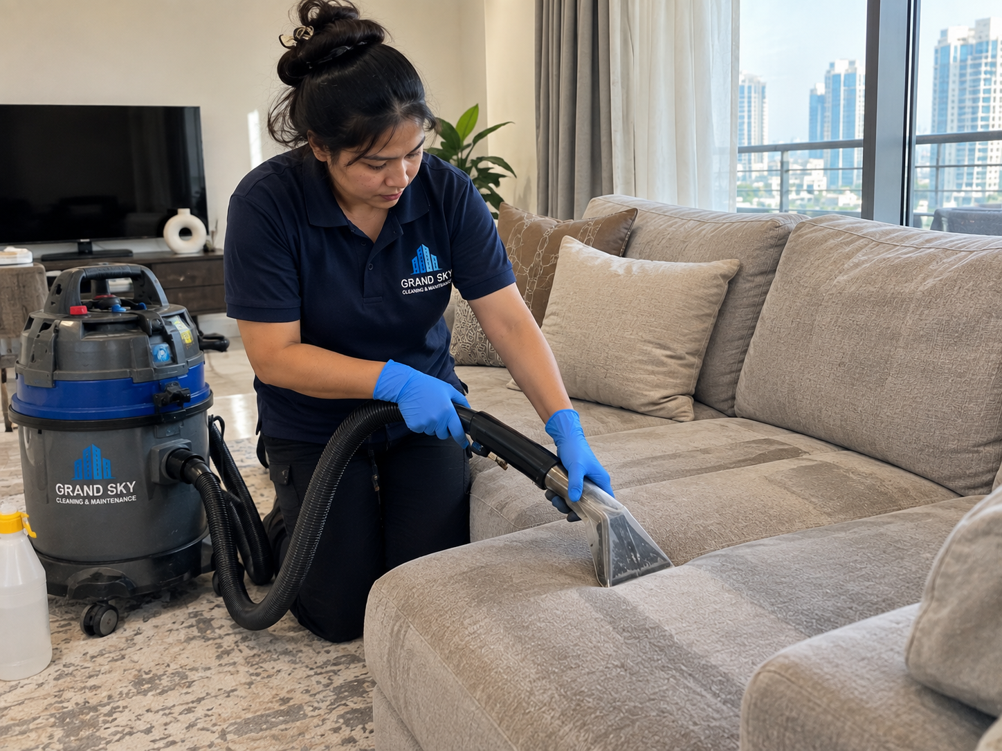 Professional sofa cleaning service in Abu Dhabi by Grand Sky